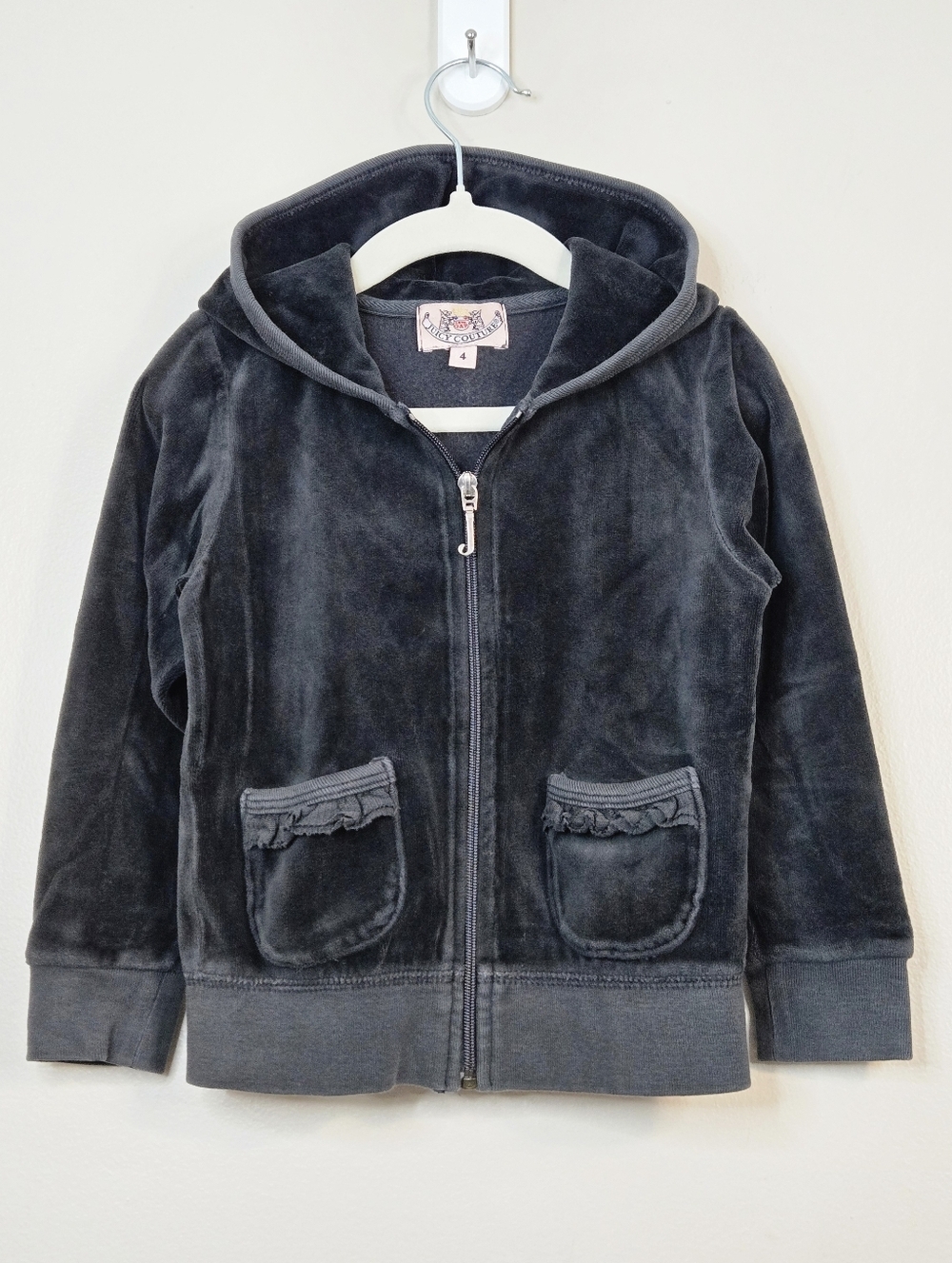 Juicy Couture Charcoal/Black Velour Zip Hoodie, Size 4 ~ EUC - Picture 2 of 7